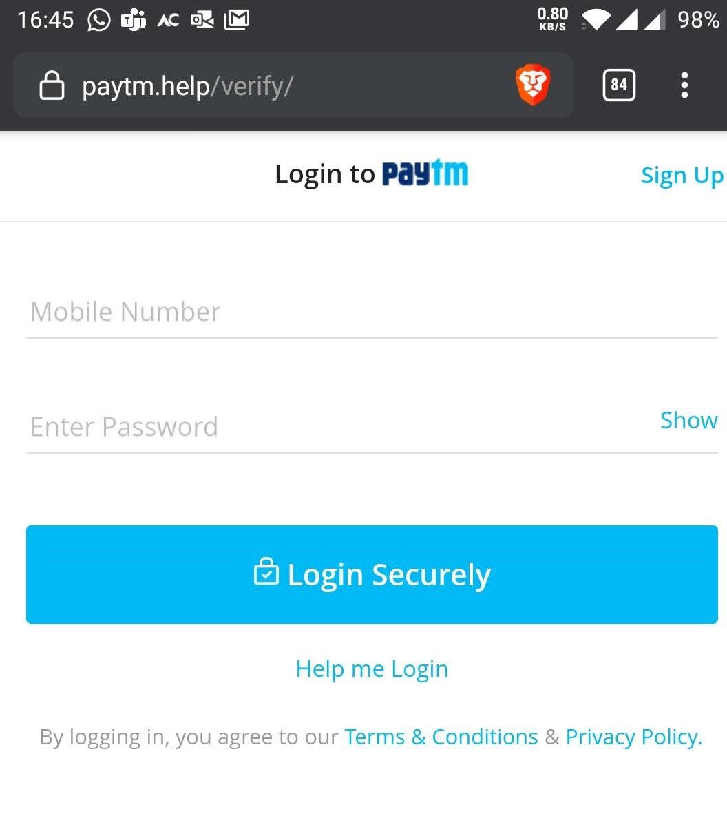 Fake login page for paytm